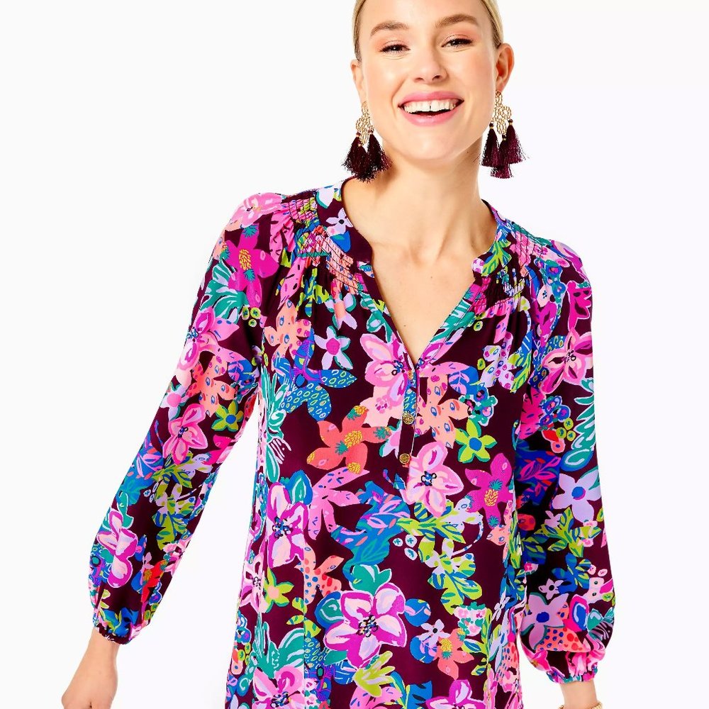 Lilly Pulitzer Elsa Silk Top, Cherry Ganache Bohemian Garden, XXS